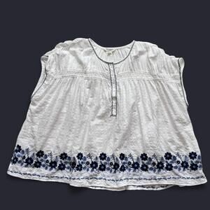 max studio embroidered whimsical top sz L blue floral folk romantic boho peasant
